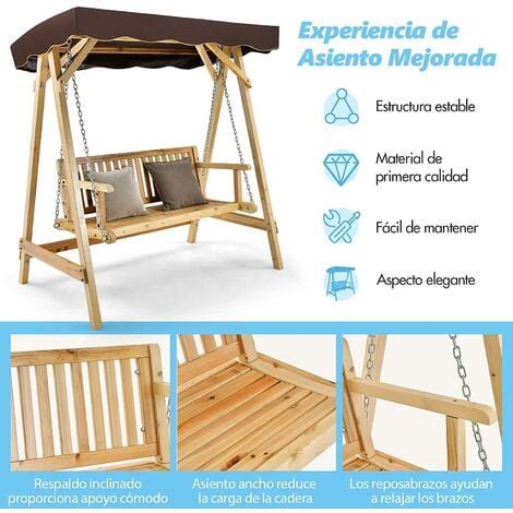 Costway Columpio Balanc N Jard N De Madera Plazas Toldo Ajustable