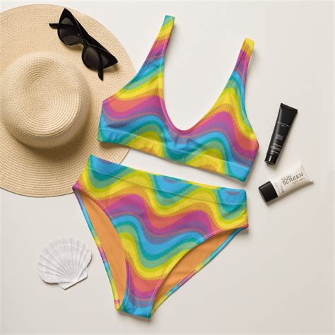 Psychedelic Rainbow Bikini Set Groovy S Retro Hippie Crop Top Bikini Vintage High Waisted Swim