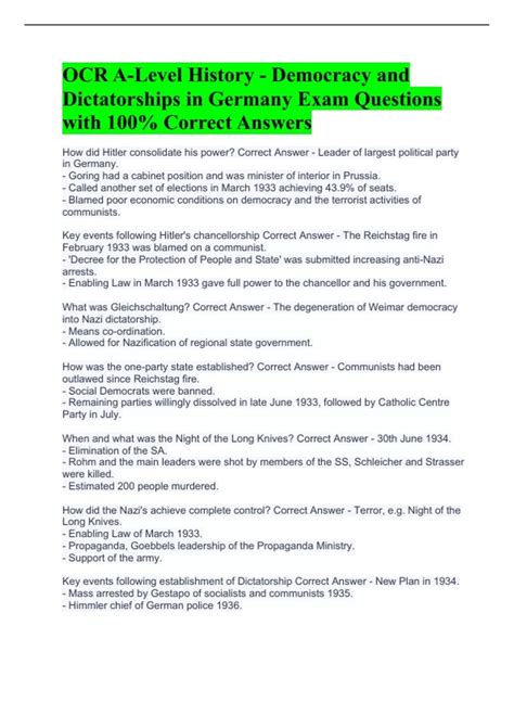 OCR A-Level History - Democracy and Dictatorships in Germany Exam Questions with 100% Correct