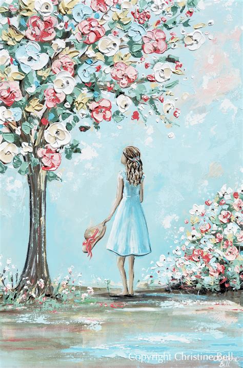 Original Abstract Painting Girl In Garden Cherry Tree Flowers Wall Art Contemporary Art By