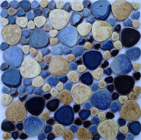 Blue Beige Glazed Pebble Ceramic Mosaic Tile For Diy Kitchen Backsplash