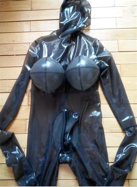 Latex Gummi Catsuit Inflatable Breast Codpiece Hidden Two Sheath No Gloves