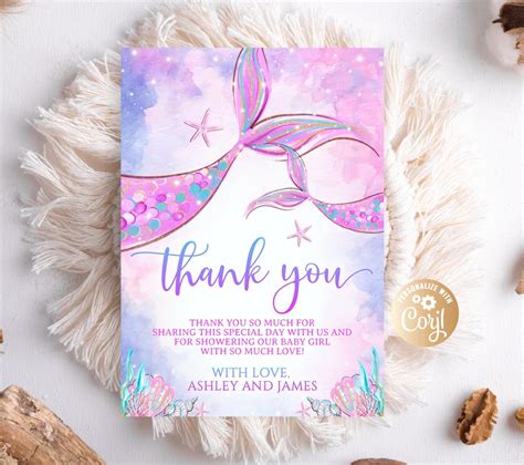 Editable Mermaid Thank You Card Mermaid Baby Shower Thank You Card For