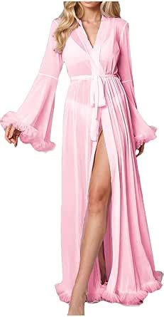 Sexy Long Robes For Women Fuzzy Trim Decor Long Sleeve Sleep Robes Sheer Lingerie Tie Waist