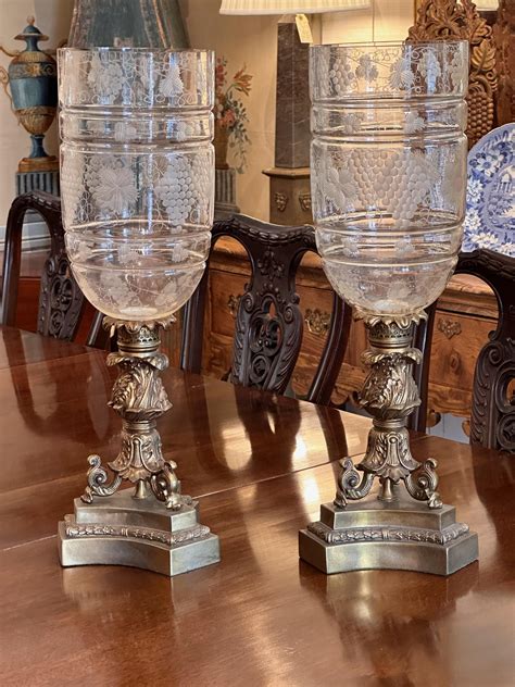 1950s Bronze And Etched Glass Hurricanes A Pair For Sale At 1stdibs