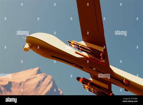 Armed Military Predator Drone Flying Over Desert And Mountains Spying