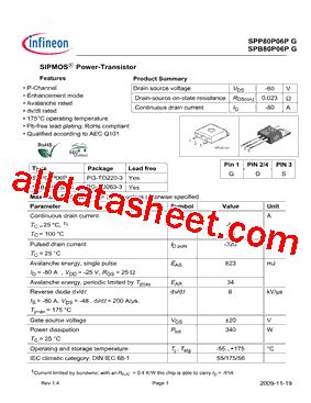 SPP80P06PG Datasheet PDF Infineon Technologies AG