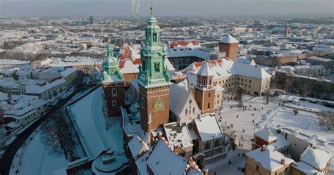 Aerial View Of Wawel Royal Castle And Cathedral Covered With Snow