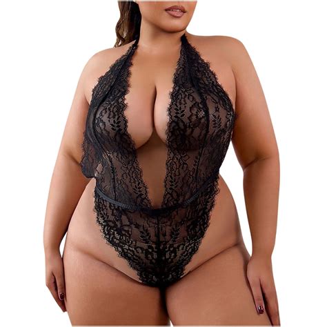 Luxalzxs Plus Size Lingerie For Curvy Women Black Sexy Deep V Lingerie Bodysuit Babydoll One