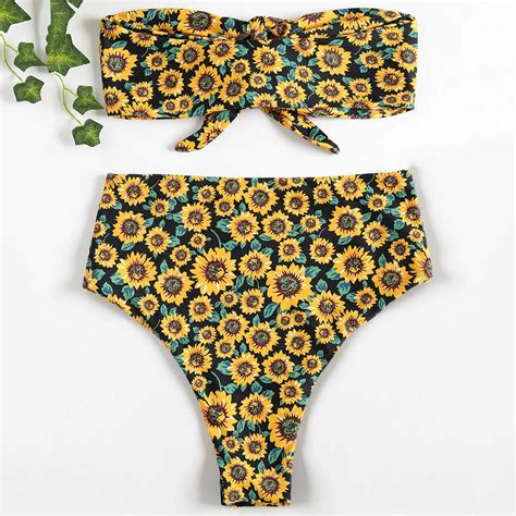 Sexy Bikinis Women Strapless High Rise Sunflower Bikini Set Swimwear Beachwear Swimming