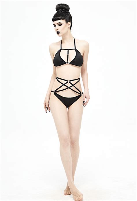 Punk Strappy Gothic Swimsuit Black Swimsuit Halter String Gothic Bikini Set In Stock