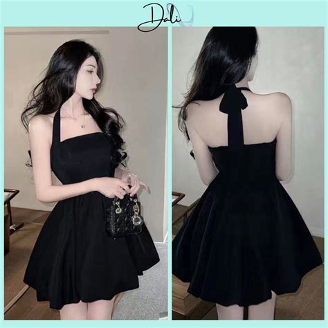 Váy Cổ Yếm Màu Đen Dáng Xoè Lớp Có Đệm Ngực Váy Nữ Hot Trent Đi Biển Xinh Shopee Việt Nam