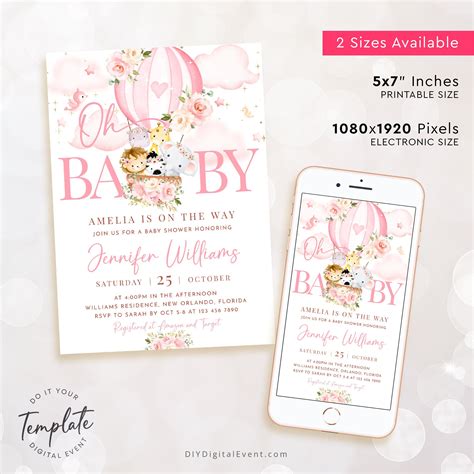 Editable Hot Air Balloon Baby Shower Invitation Template Etsy