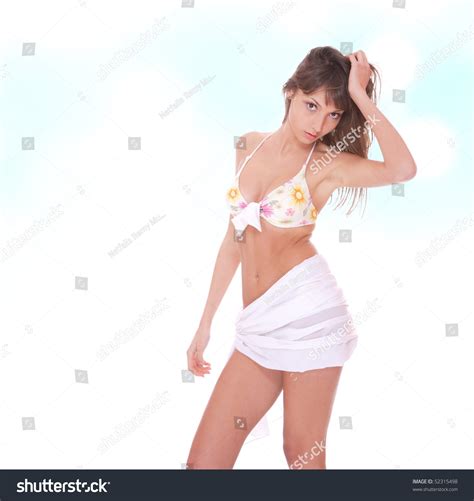Sexy Bikini Model Over Blue Abstract Stock Photo 52315498 Shutterstock