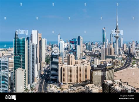 Kuwait, Kuwait City, Elevated view of the modern city skyline and ...