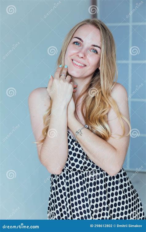Beautiful Blonde Woman In Polka Dot Summer Dress Stock Photo Image Of Glamour Beauty