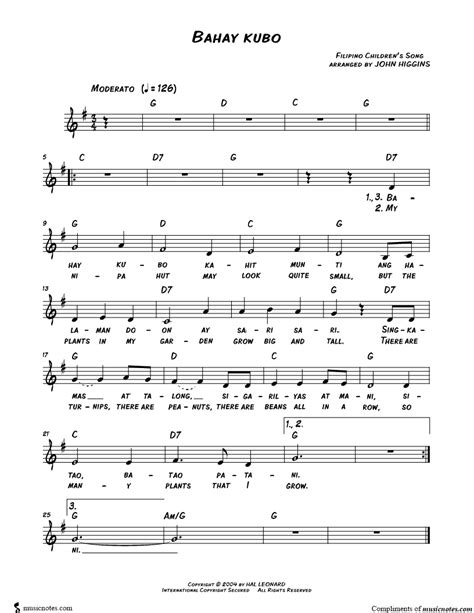 filipino folk song bahay kubo sheet  leadsheet   major