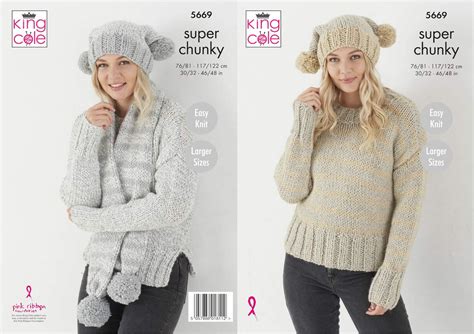 King Cole Ladies Super Chunky Knitting Pattern Easy Knit Sweater Hat And Scarf 5669