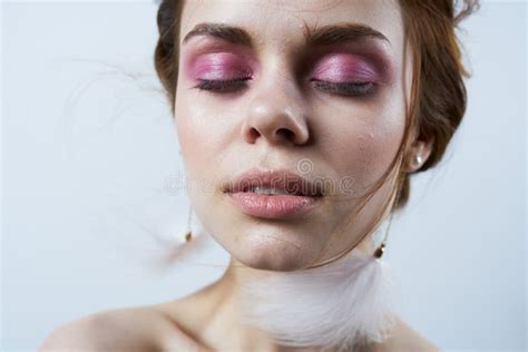 Attractive Woman Glamor Naked Shoulders Clear Skin Freshness Bright Makeup Close Up Stock Image