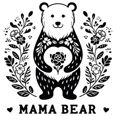 Mama Bear Vector Illustration Black And White With Floral Design