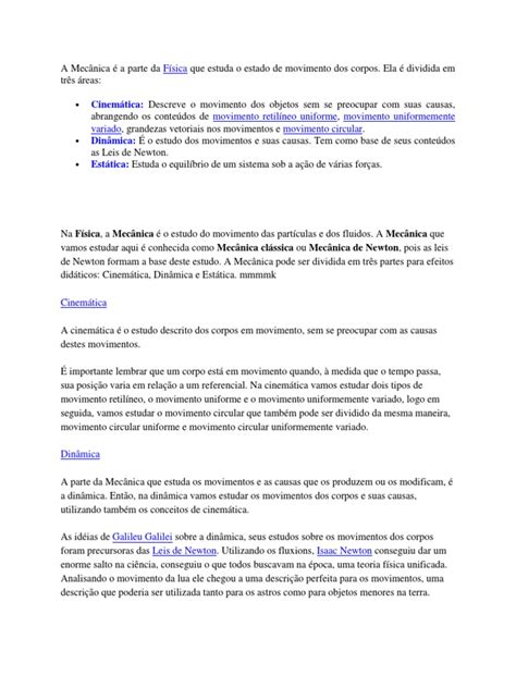 Mecanica É A Parte Da Fisica Que Estuda Os Movimentos - Estudo da Mecânica na Física | PDF | Força | Leis do Movimento de Newton