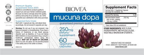 Mucuna Dopa 250mg 60 Capsule | BIOVEA | Dietary Supplements