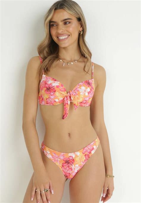 Pomarańczowe Bikini w Kwiaty z Ozdobnym Wiązaniem i Chustą Karasia Born be