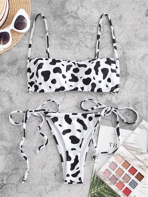 [49 Off] 2021 Zaful Cow Print Padded String Bikini Swimwear In White