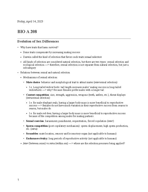 Bio A Evolution Of Sex Differences Friday April Bio A Evolution Of Sex Studocu