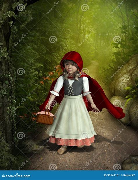Little Red Riding Hood Walking through the Forest Stock Illustration