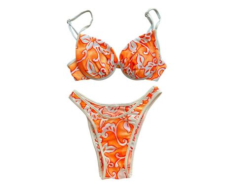 90 S Bikini Two Piece Set 90s Neon Orange White TROPICAL Bathing Suit High Leg Set Boho Vintage