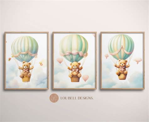 Cute Teddybear Hot Air Balloon Printed Art Print Blue Nursery Set Of Wallart Bear Nursery