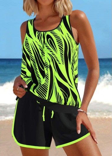 Patchwork Geometric Print Neon Green Tankini Set Usd 37