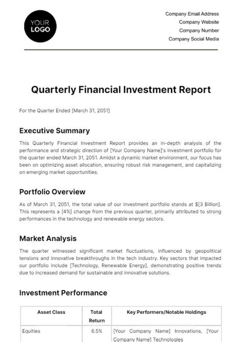 Free Quarterly Financial Investment Report Template to Edit Online