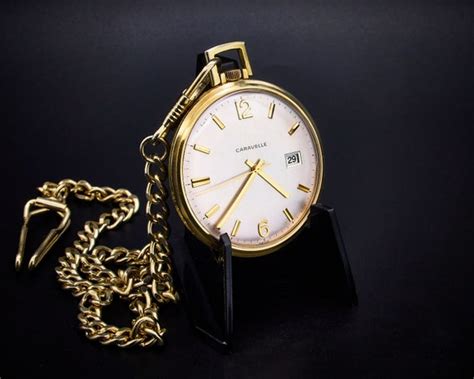 Vintage Caravelle 1969 Gold Tone Round Pocket Watch Gem