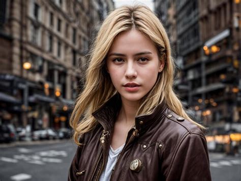 Premium Photo Female Blonde Wearing Leather Jacket In Big City