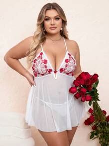 Classic Sexy Plus Size Floral Embroidered Mesh Camisole Sexy Lingerie SHEIN UK
