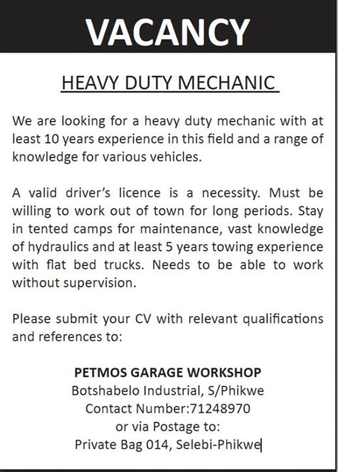 HEAVY DUTY MECHANIC :: Mmegi Online