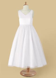 White Azazie Marybell A Line Bow Tulle Ankle Length Dress Azazie