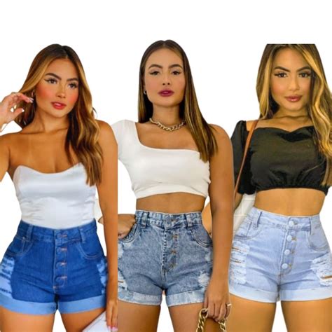 Kit 3 Shorts Jeans Hot Pants Cintura Alta Shopee Brasil