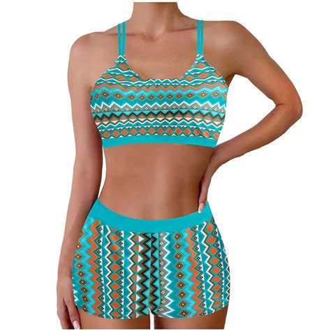 ZQGJB Women 2 Piece Bikini Set 2025 Summer Boho Color Block Trim Sporty Swimsuit Spaghetti Strap
