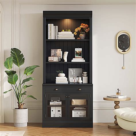 orren ellis modern bookcase   glass doors   drawer tall