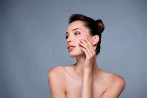 Photo Of Tender Charming Lady Naked Shoulders Lifting Effect Therapy Isolated On Grey Color