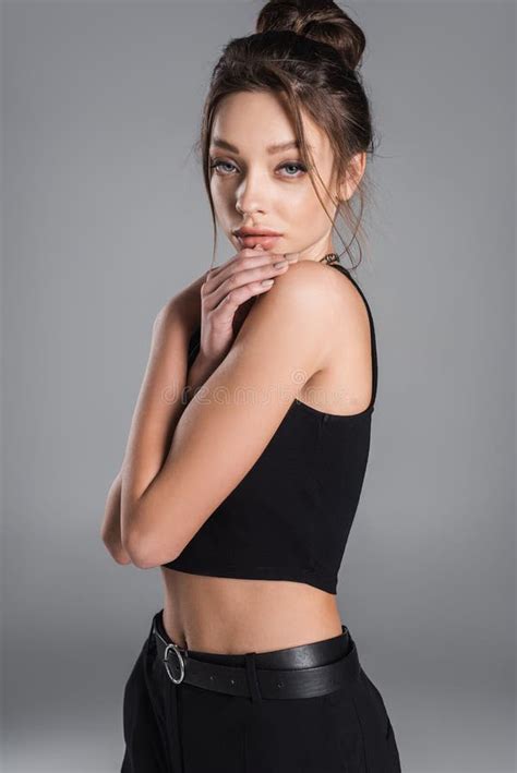 Seductive Brunette Woman Hugging Herself And Stock Image Image Of Beautiful Charming 253493253