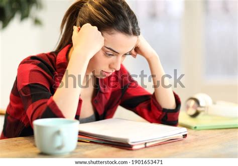 Concentrated Student Studying Memorizing Notes Sitting Stock Photo