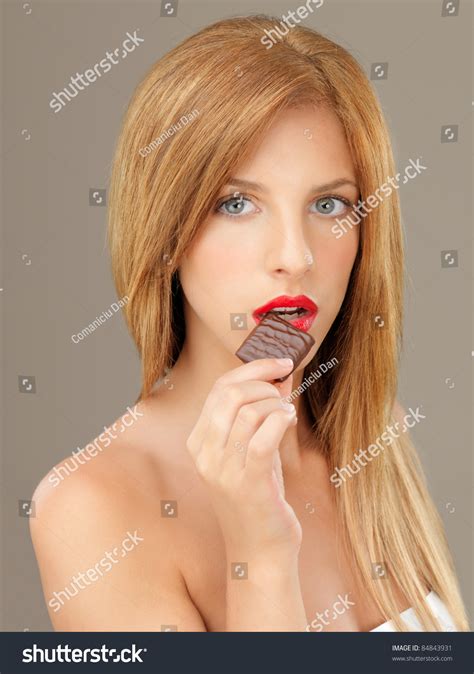 Sexy Blonde Woman Red Lips Tasting Stock Photo Edit Now 84843931