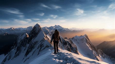 picture extreme mountain climber  top  snowy mountain peak