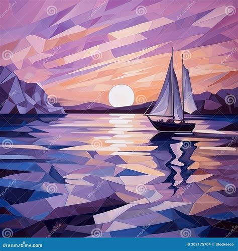 Lavender Cubism Seascape Abstract Sail Boat At Sunset Stock