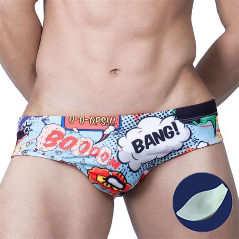 Cartoo Print Push Up Pad Swimwear Men Brief Penis Breathable Summer