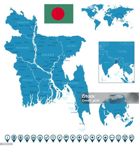 バングラデシュ 都市地域世界地図と地球上の位置と詳細な青い国の地図インフォグラフィックアイコン アイコンのベクターアート素材や画像を多数ご